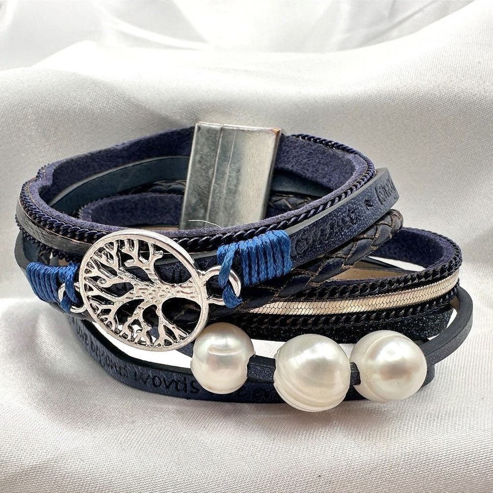 Vintage Y2K Black Laye Wrap Leather Pearl Life Tree Bracelet Silver Tone Jewelry